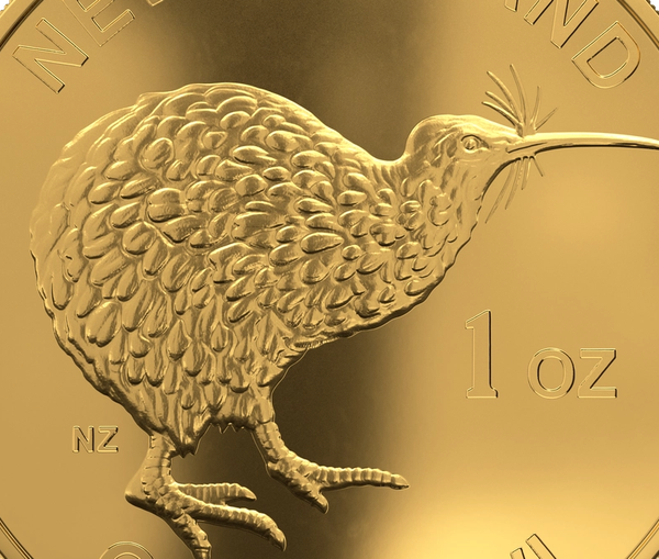 Gold coin featuring an embossed kiwi bird in profile on a black background. Text reads "New Zealand Gold Kiwi 1 oz." The tone is elegant and polished.