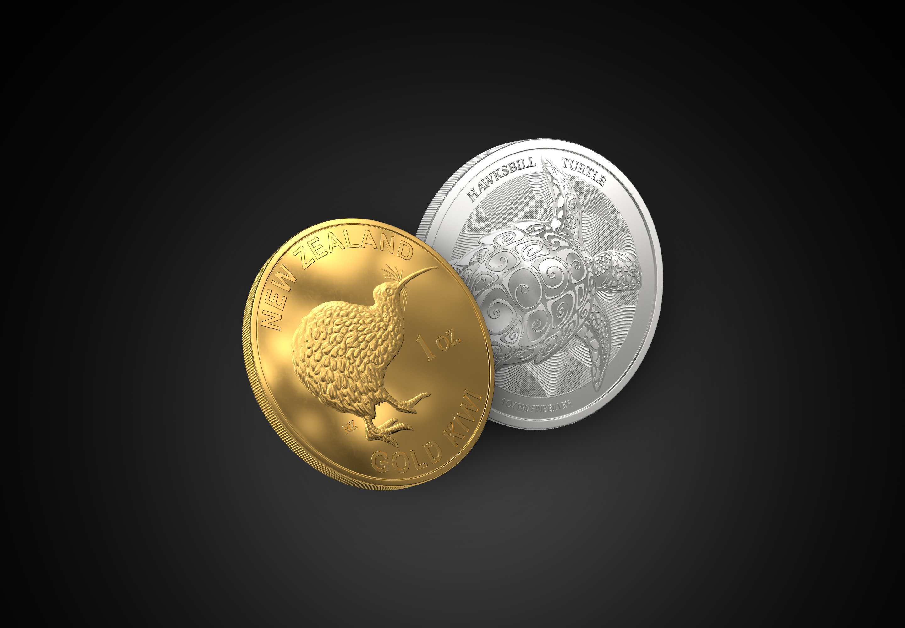 Two coins on a black background: a golden coin with a kiwi bird design labeled "New Zealand Gold Kiwi," and a silver coin featuring a turtle