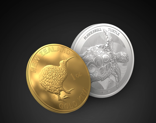 Two coins on a black background: a golden coin with a kiwi bird design labeled "New Zealand Gold Kiwi," and a silver coin featuring a turtle