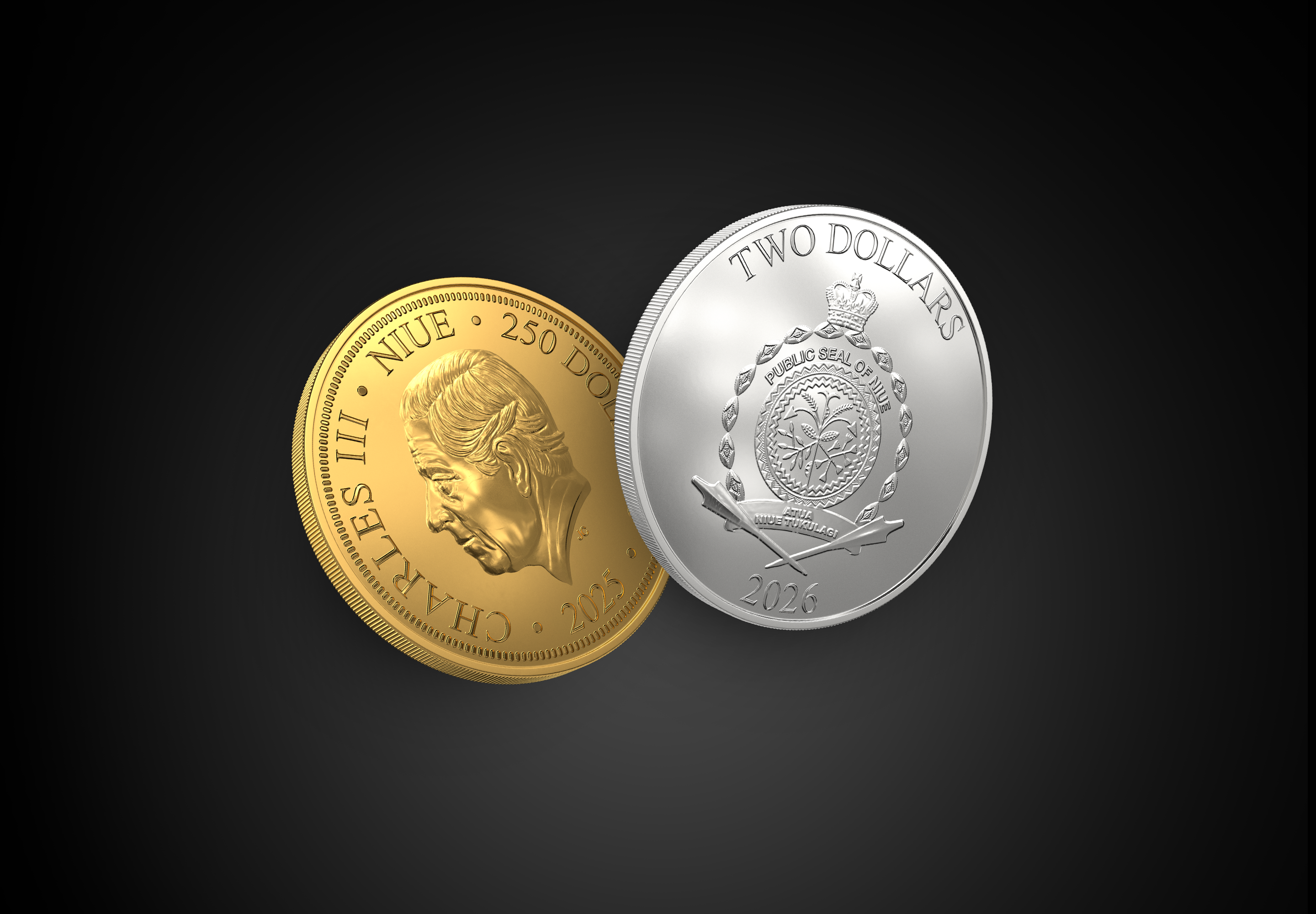 Gold and silver Niue coins in a black background