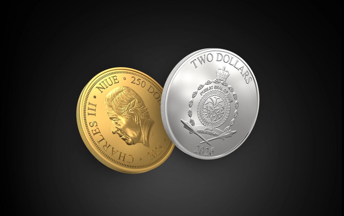 Gold and silver Niue coins in a black background