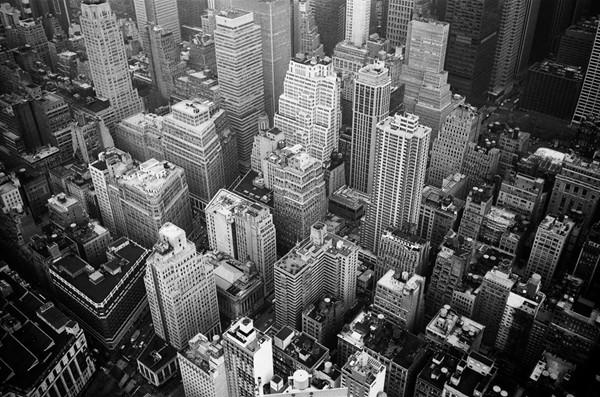 Gloomy black and white shot of skyscrapers from above