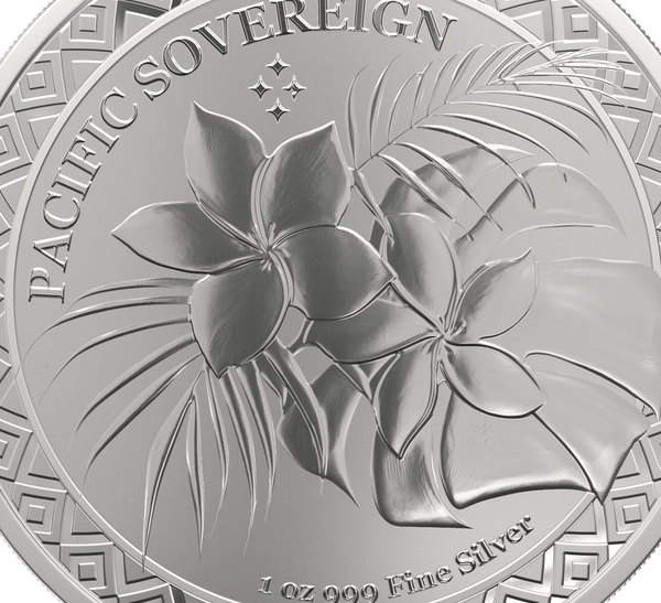 Silver coin displaying intricate floral and leaf patterns, with "PACIFIC SOVEREIGN" inscribed above. Text at the bottom reads “1 oz 999 Fine Silver.”