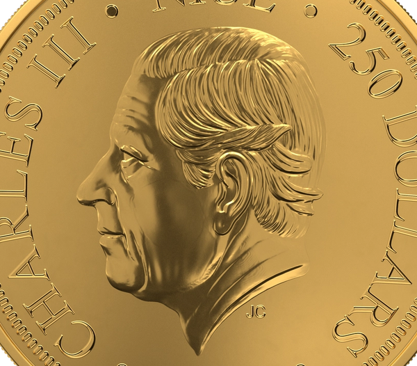 Gold coin of Charles III, with "Niue 250 dollars" inscribed