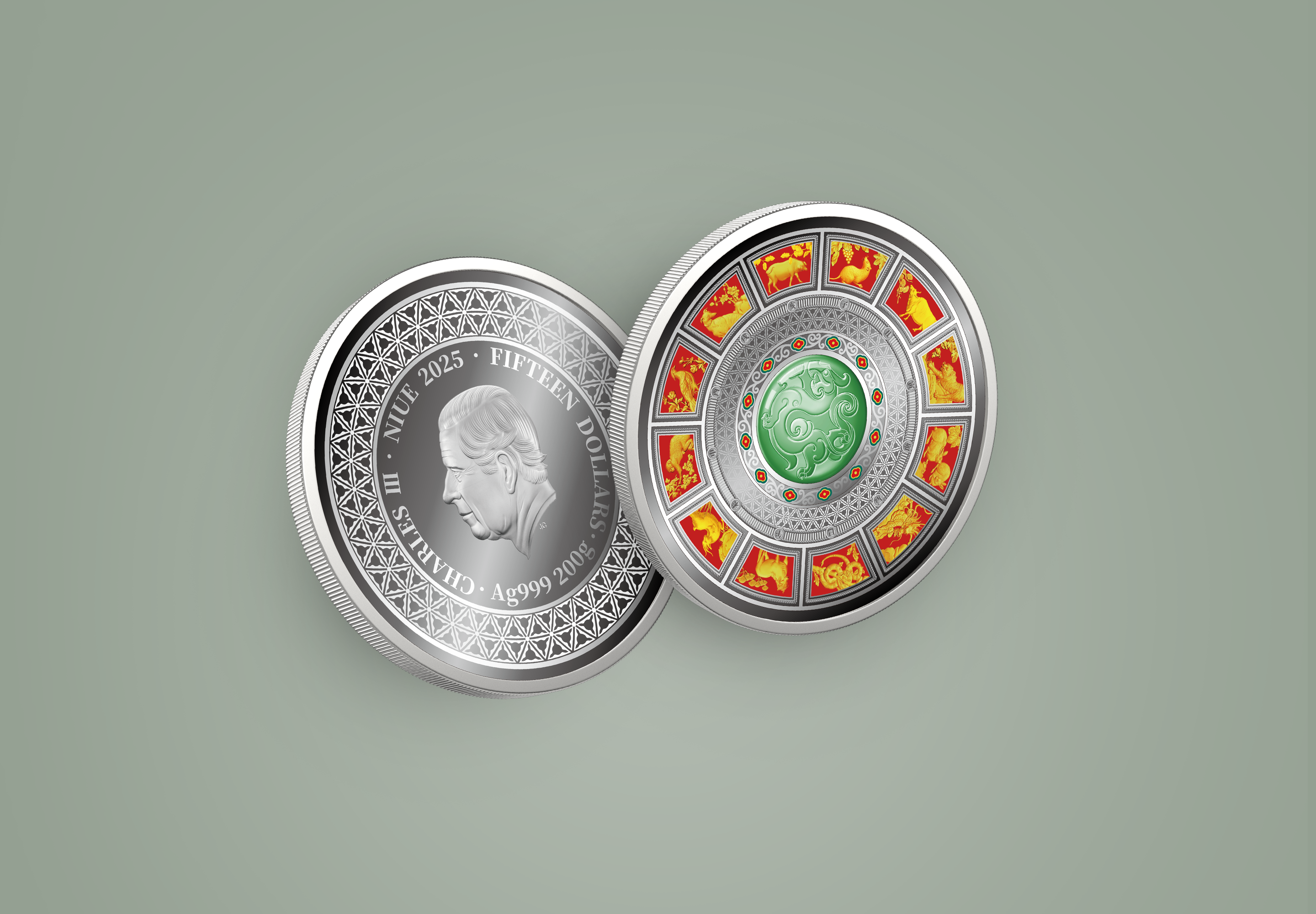 Custom made silver coin with green and red details