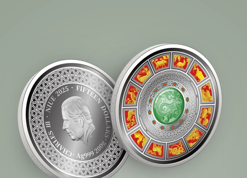 Custom made silver coin with green and red details