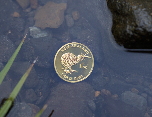 1oz Gold Kiwi Coin underwater