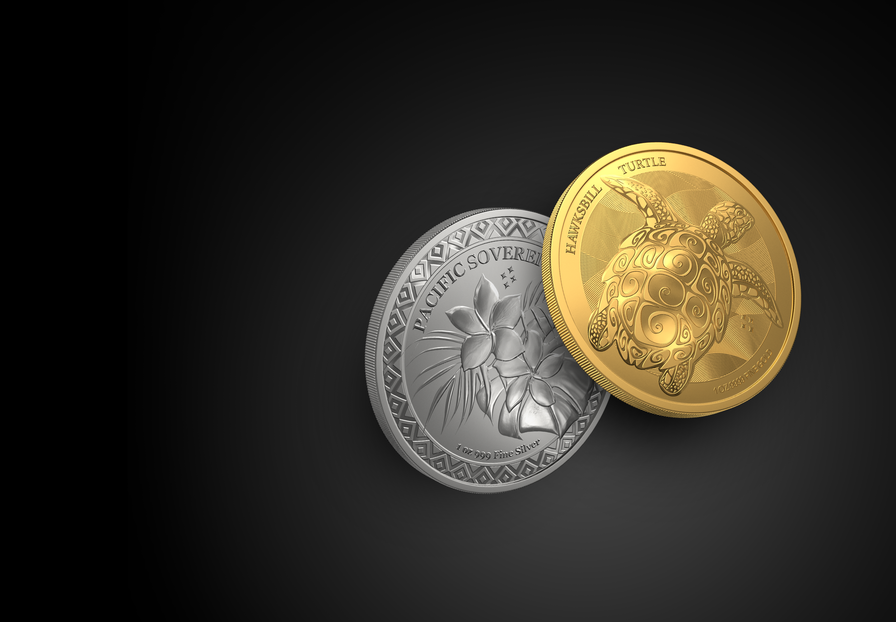 A gold coin with a turtle and a silver coin with a flower