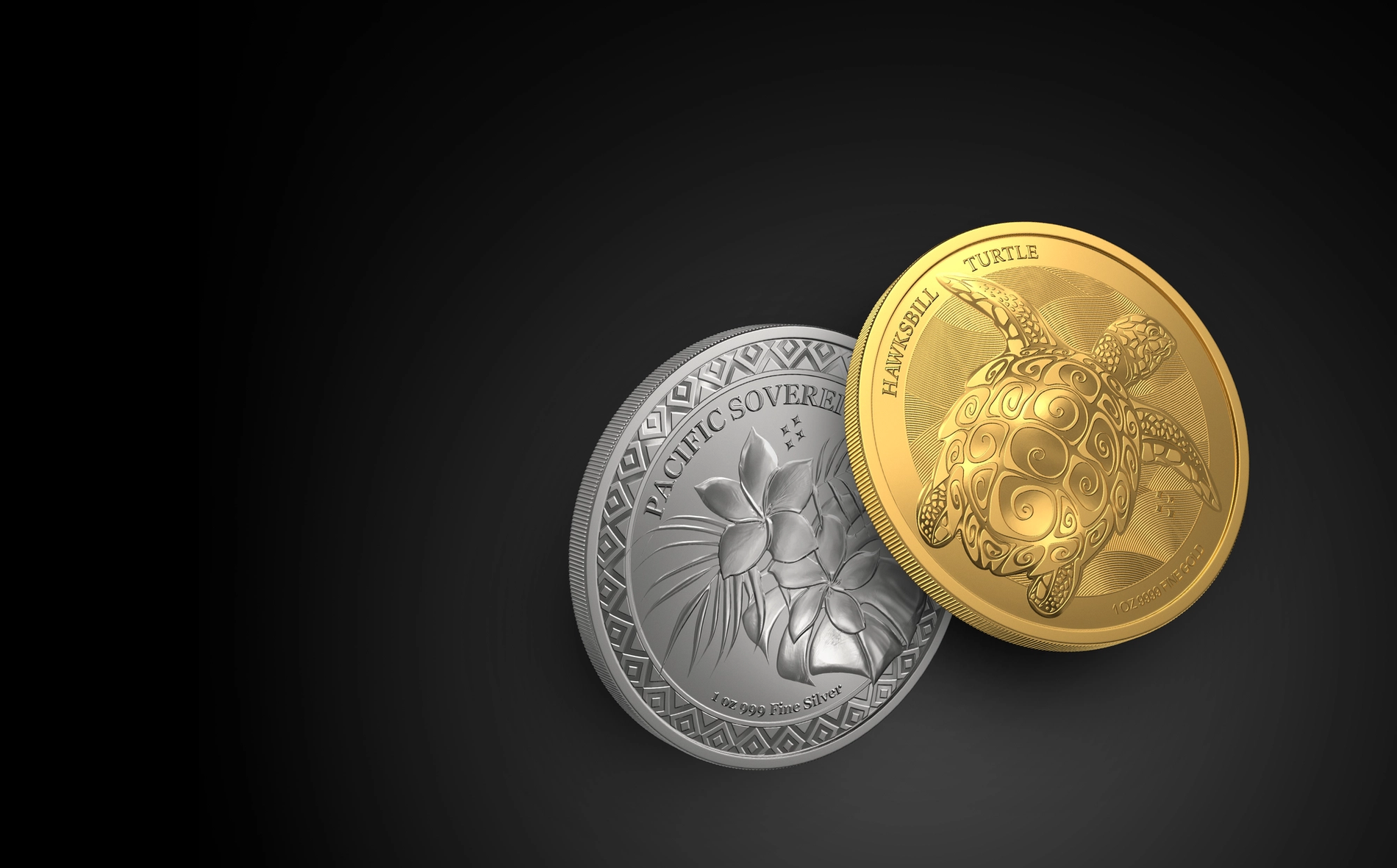 A gold coin with a turtle and a silver coin with a flower