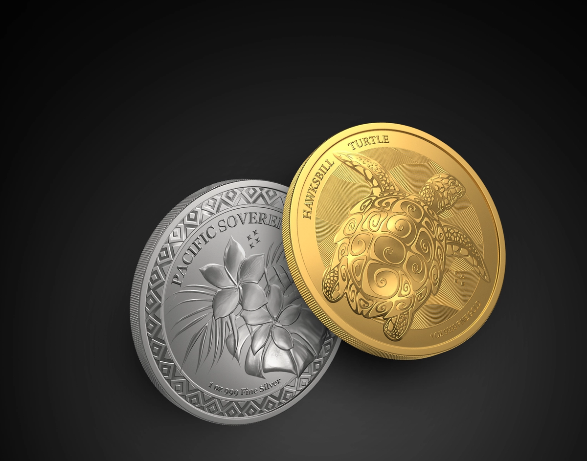 A gold and a silver coin with a flower and turtle pattern