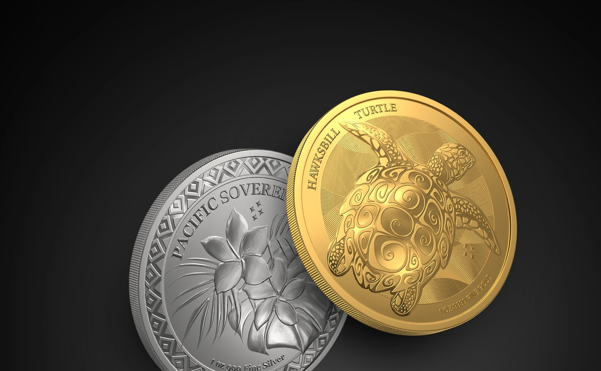 A gold and a silver coin with a flower and turtle pattern
