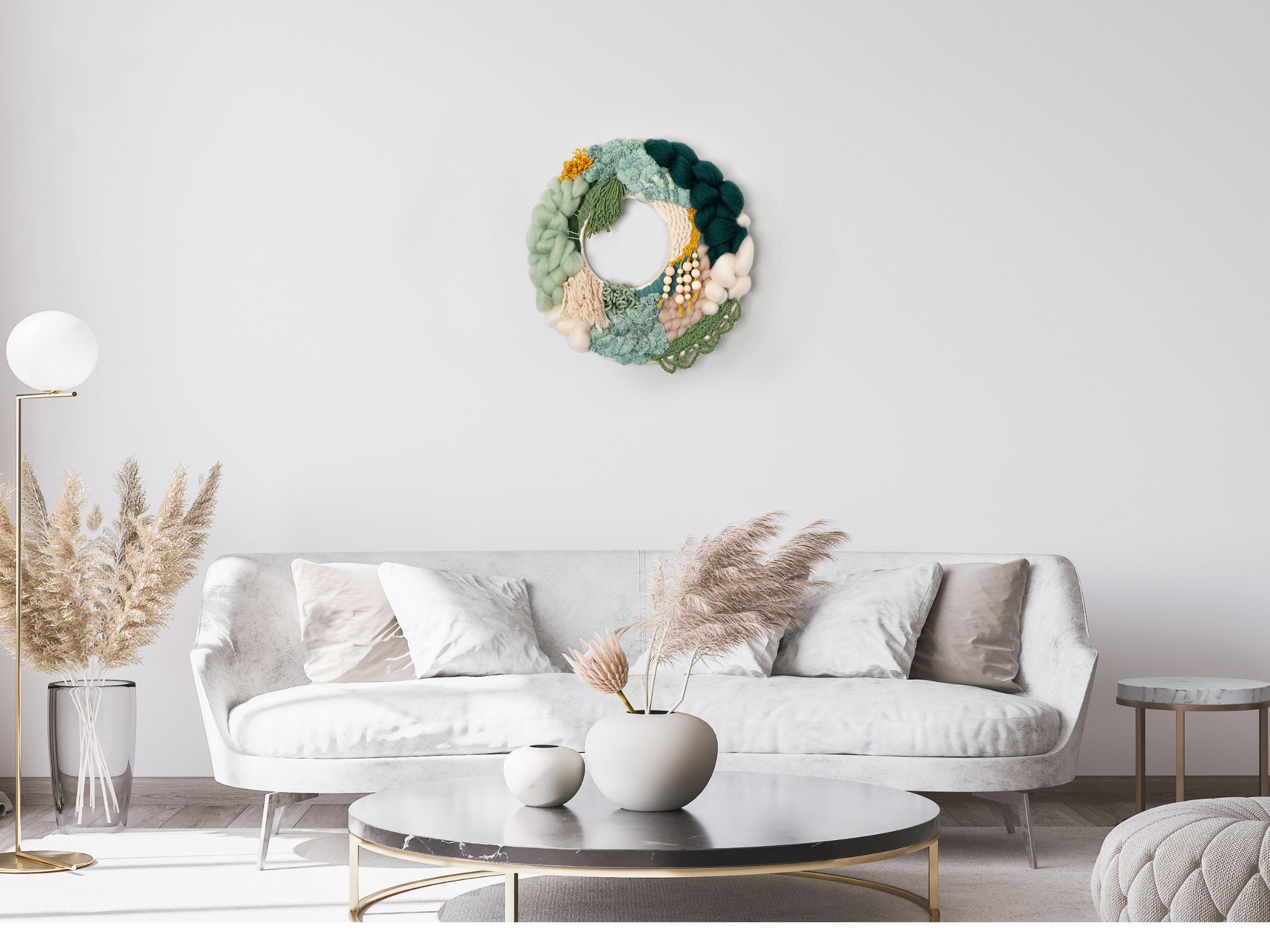 Woven wreath hanging above a sofa