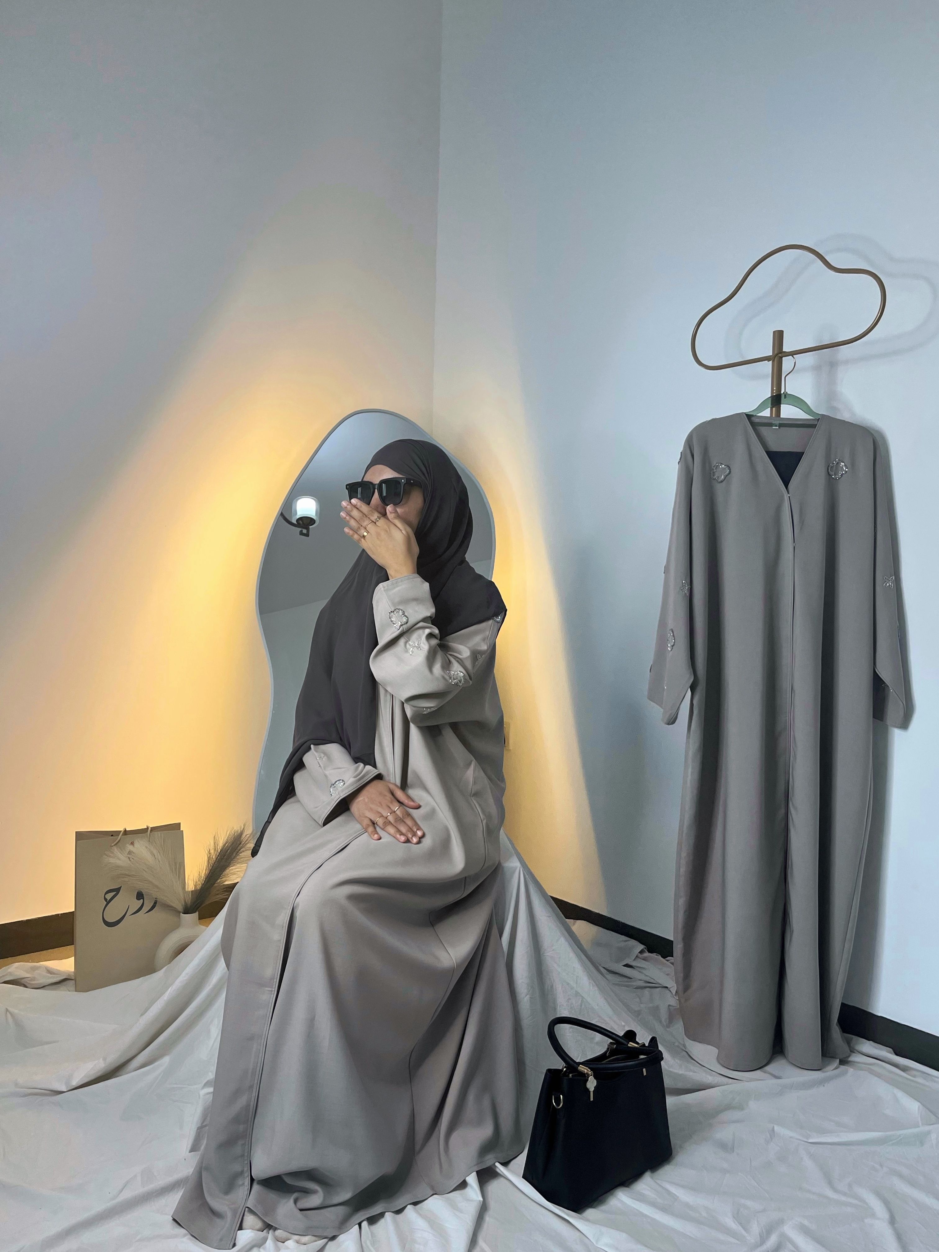 Dove Grey Silver Bloom Abaya 