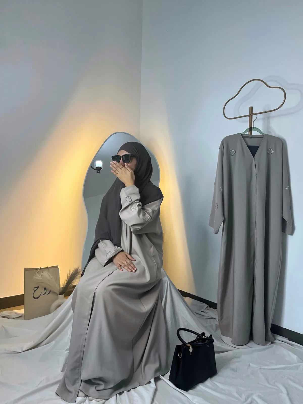 Dove Grey Silver Bloom Abaya 