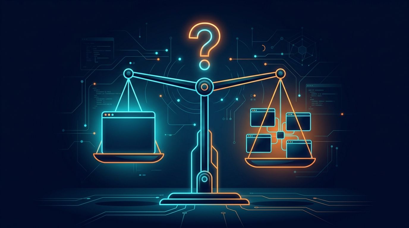 A balance scale weighing a single browser window on one pan against four smaller connected panels on the other, with a question mark glowing above it.