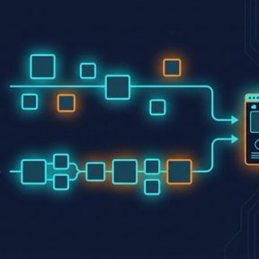 Two paths leading to the same browser window: an upper one labelled DEV with loose unconnected module squares, and a lower one labelled BUILD with the same squares linked into a chain.