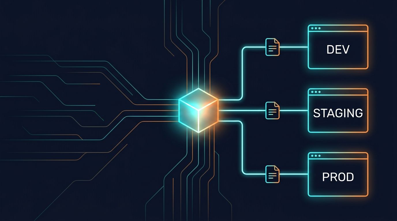 A single glowing build artifact connected by three paths, each passing through its own small configuration document, to three browser windows labelled DEV, STAGING and PROD.