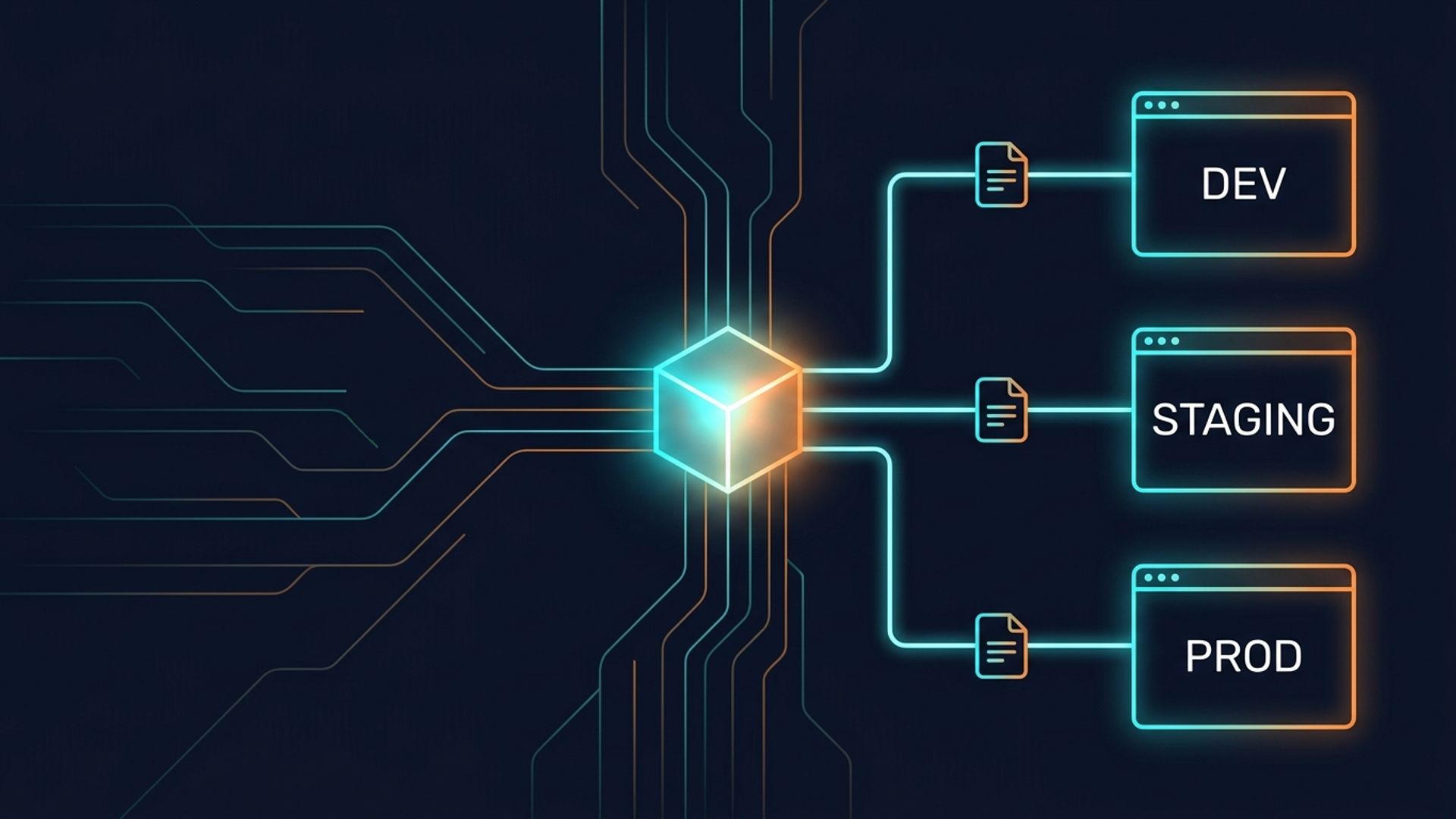 A single glowing build artifact connected by three paths, each passing through its own small configuration document, to three browser windows labelled DEV, STAGING and PROD.