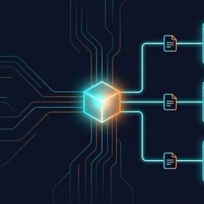 A single glowing build artifact connected by three paths, each passing through its own small configuration document, to three browser windows labelled DEV, STAGING and PROD.