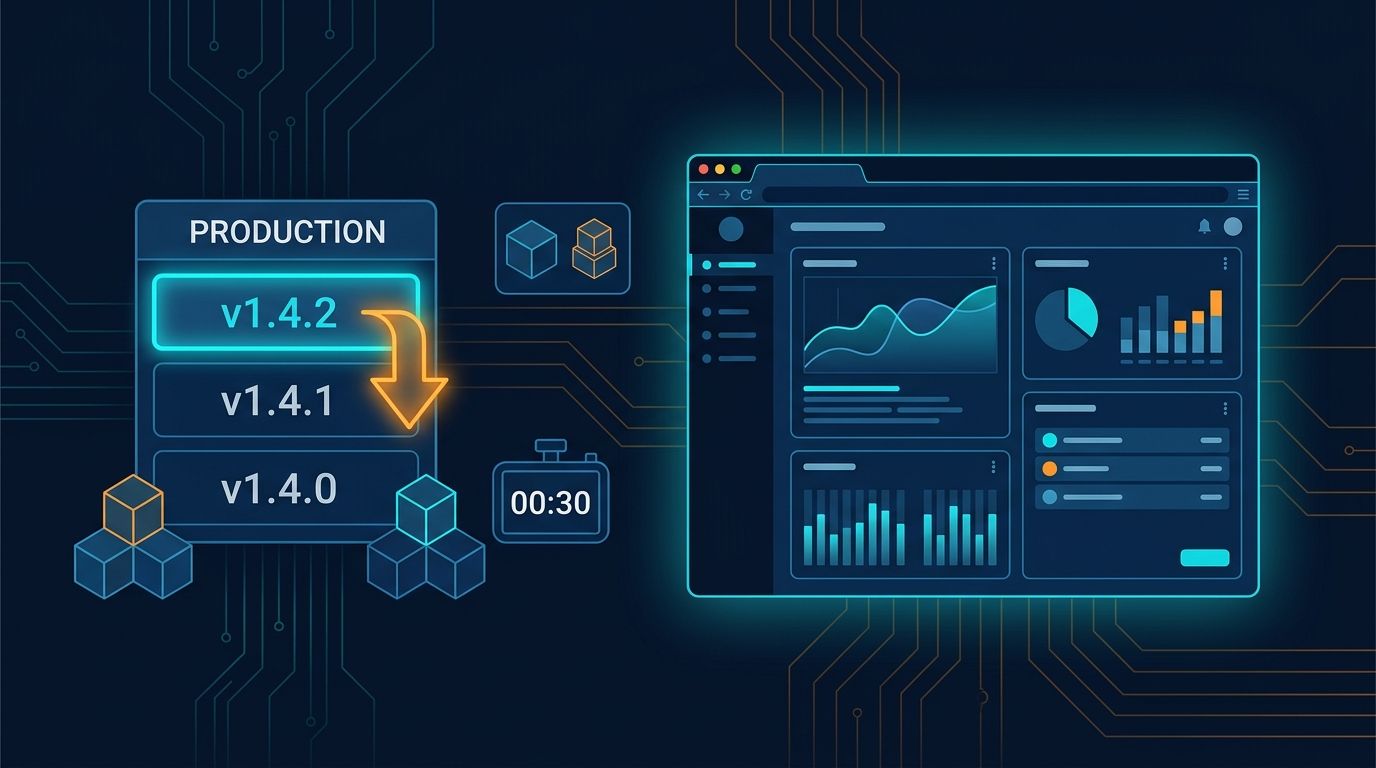 A production environment panel listing versions v1.4.2, v1.4.1 and v1.4.0, with an arrow moving the selection down one row from v1.4.2 to v1.4.1, beside a stopwatch reading 00:30 and a web application still running.