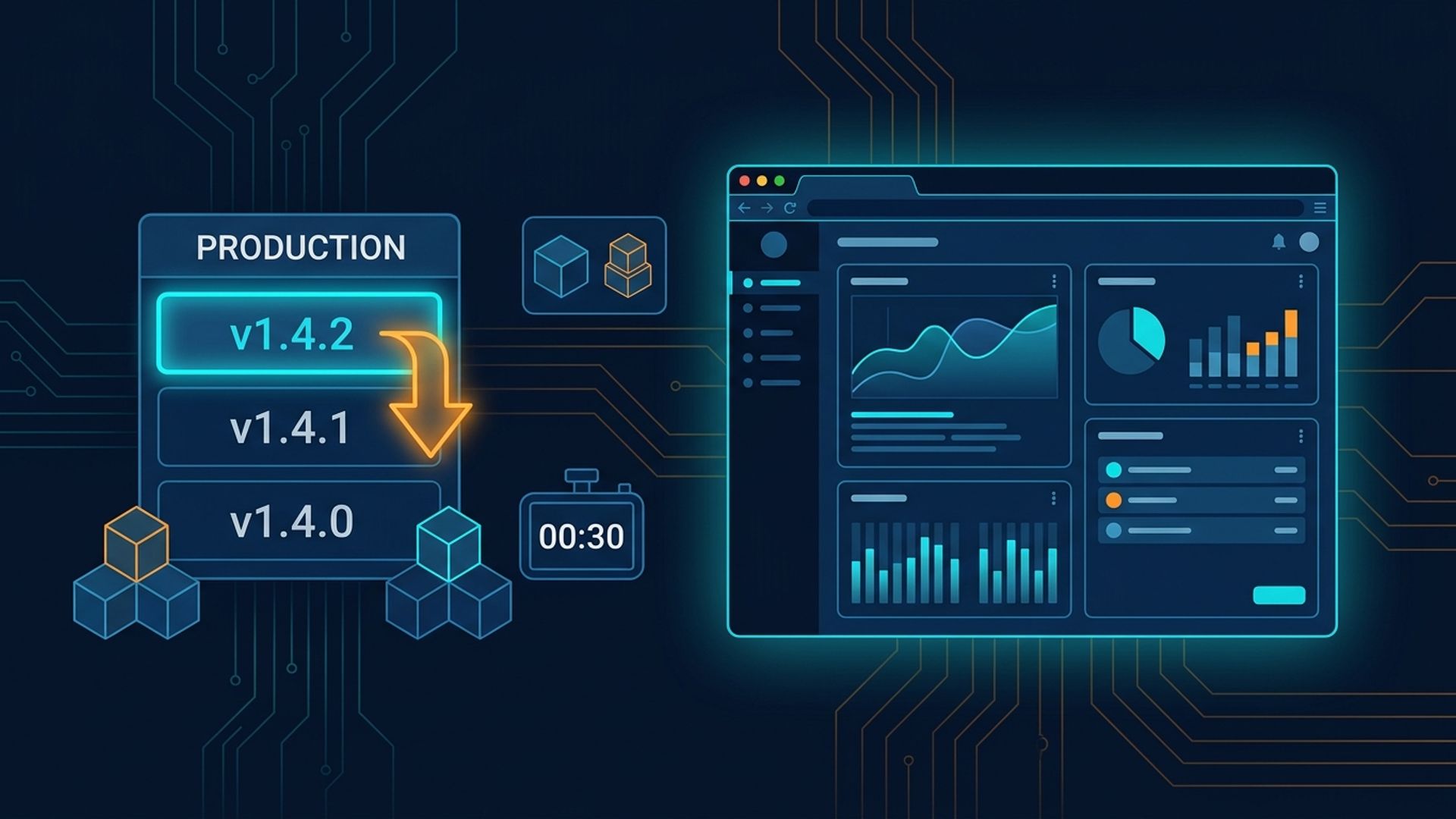 A production environment panel listing versions v1.4.2, v1.4.1 and v1.4.0, with an arrow moving the selection down one row from v1.4.2 to v1.4.1, beside a stopwatch reading 00:30 and a web application still running.