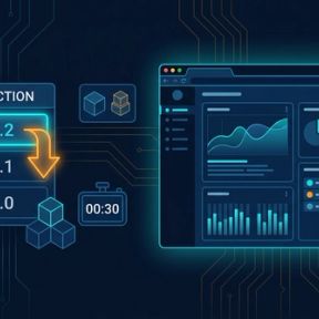 A production environment panel listing versions v1.4.2, v1.4.1 and v1.4.0, with an arrow moving the selection down one row from v1.4.2 to v1.4.1, beside a stopwatch reading 00:30 and a web application still running.