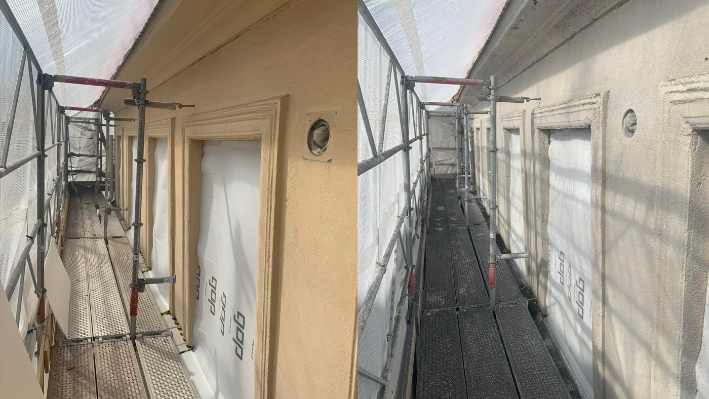 Blästring fasad, före och efter