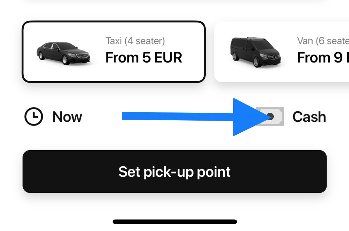 Click on Cash as shown in the photo to choose payment method in CABCY app