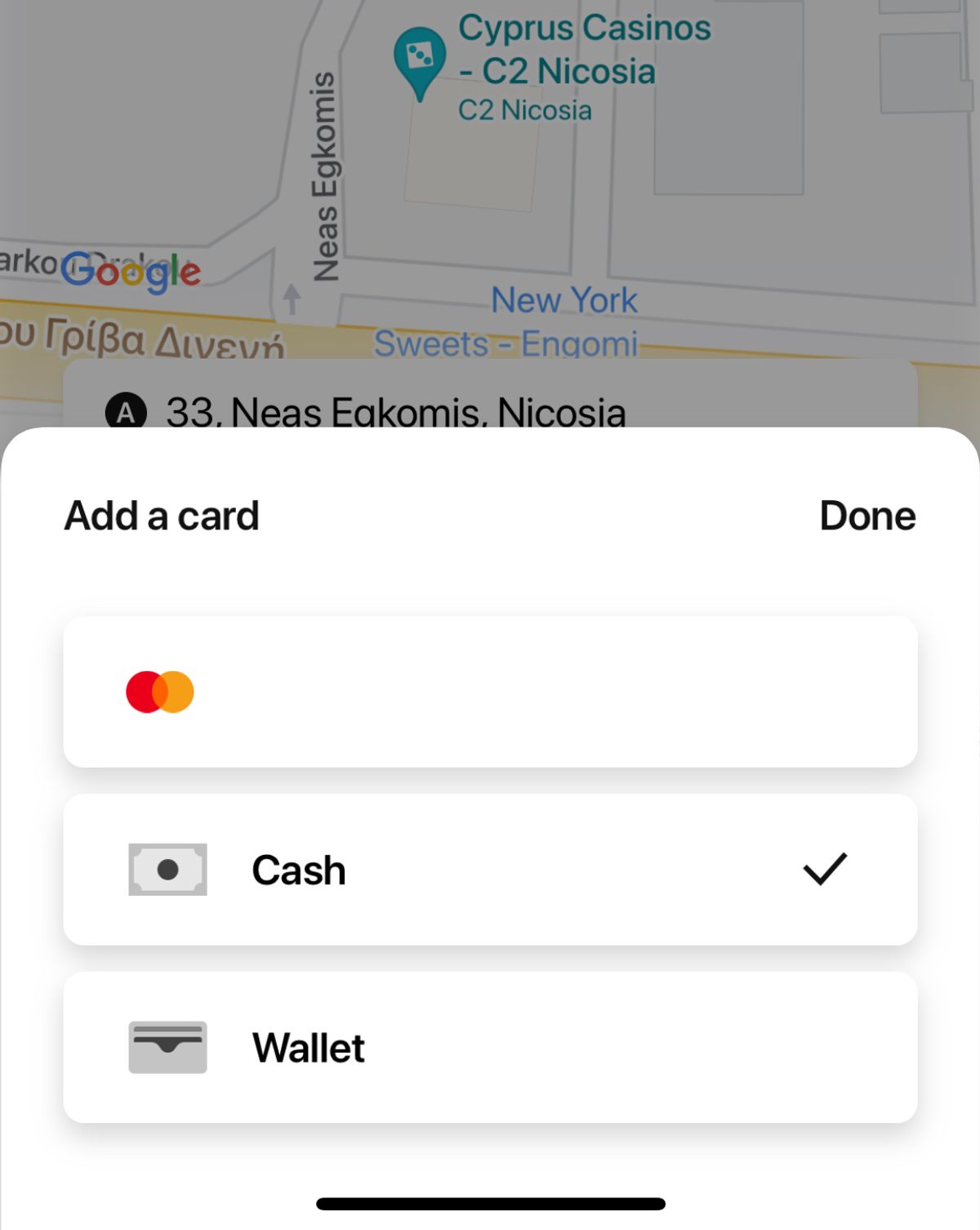 Click on the payment method you want to choose to pay for your taxi ride: cash, card or wallet
