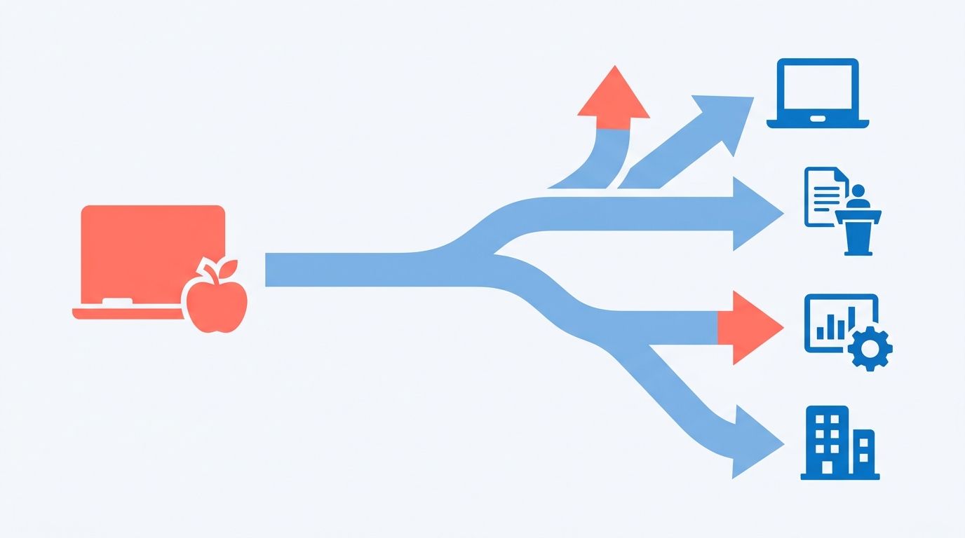 Abstract illustration of a teaching icon branching into multiple corporate career-path icons via arrows, in soft blue and coral on a light background