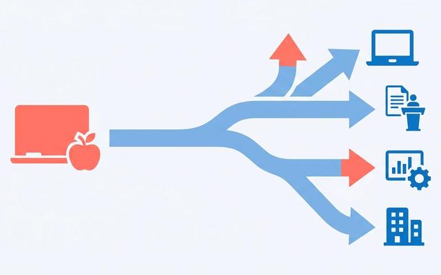 Abstract illustration of a teaching icon branching into multiple corporate career-path icons via arrows, in soft blue and coral on a light background