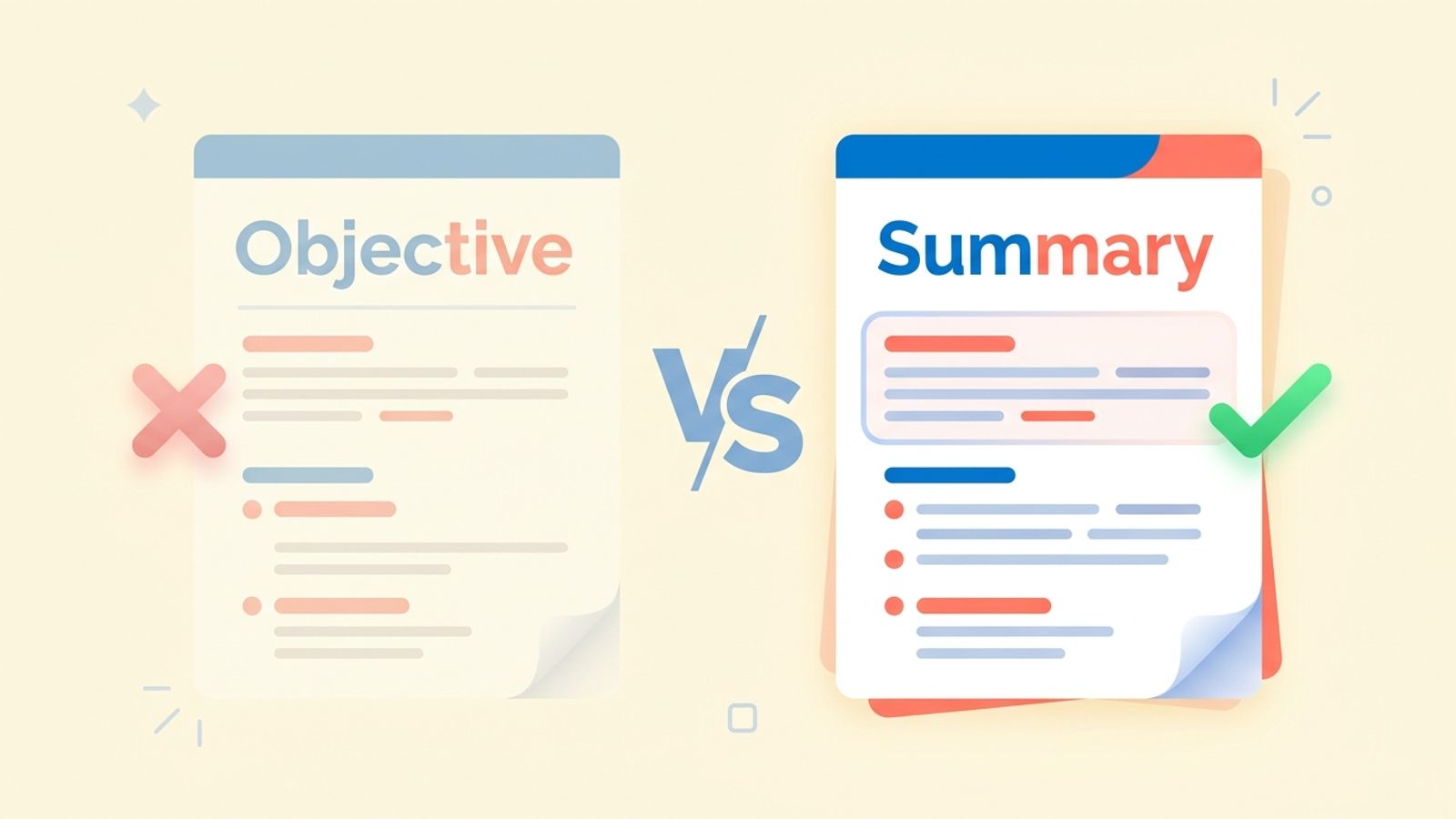 Resume objective vs summary comparison: objective crossed out, summary highlighted