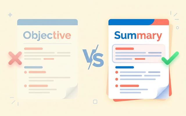 Resume objective vs summary comparison: objective crossed out, summary highlighted