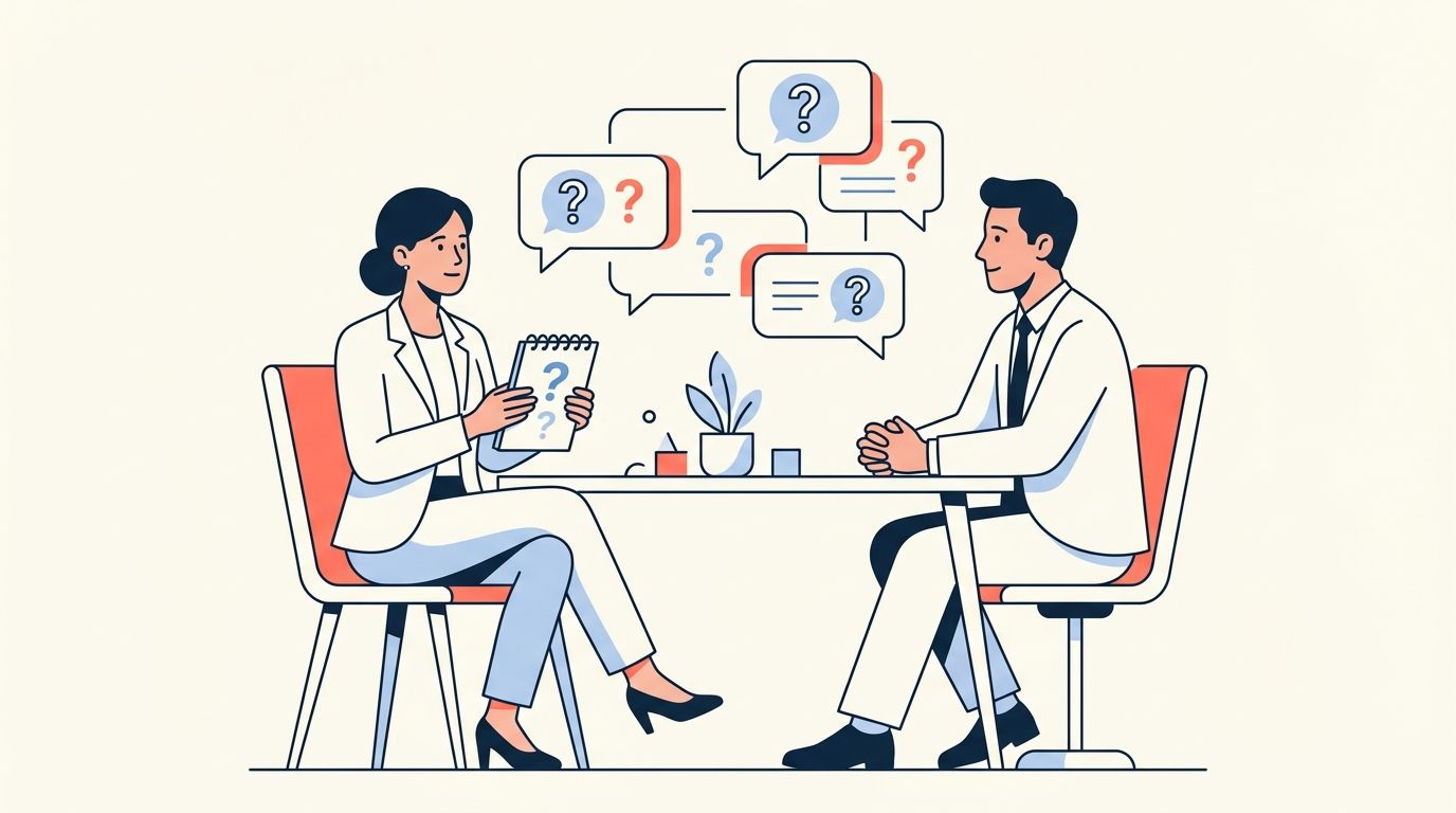 Questions to ask the interviewer: candidate with notepad asking thoughtful questions
