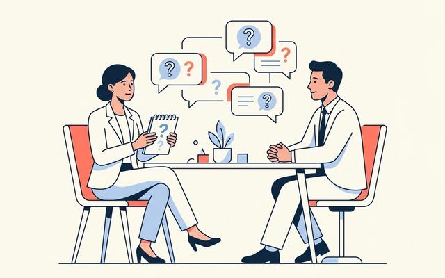 Questions to ask the interviewer: candidate with notepad asking thoughtful questions