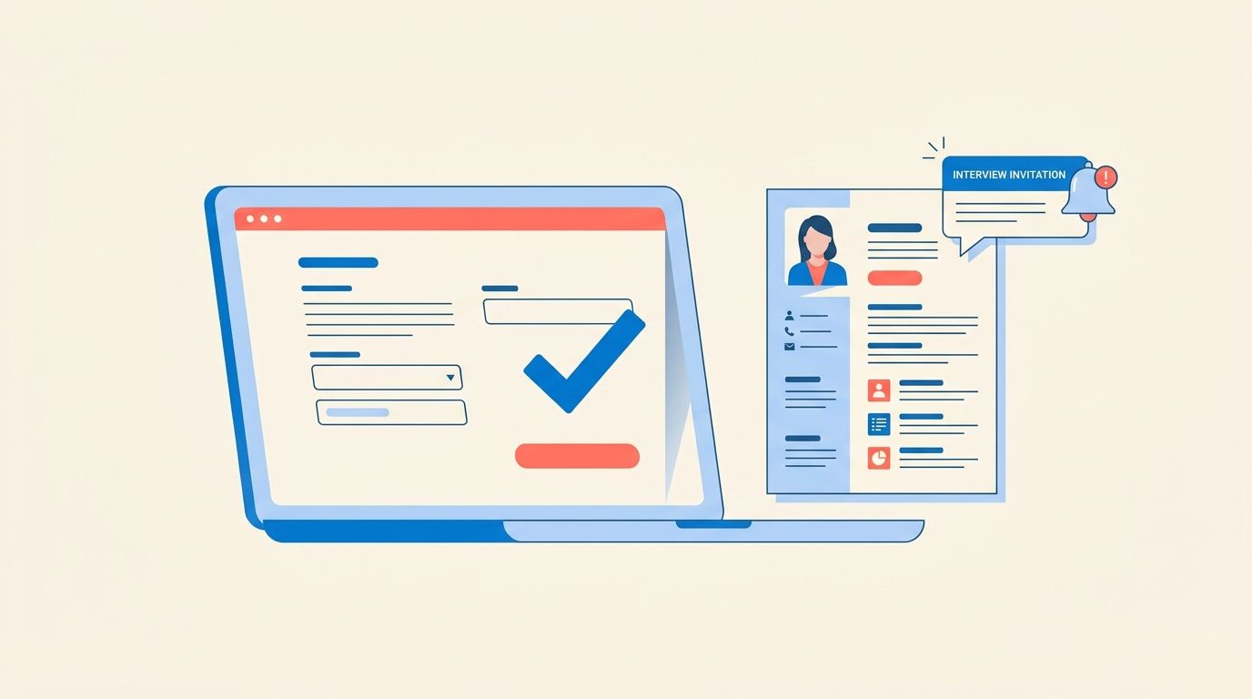 How to apply for a job: laptop with application form, resume, and interview notification