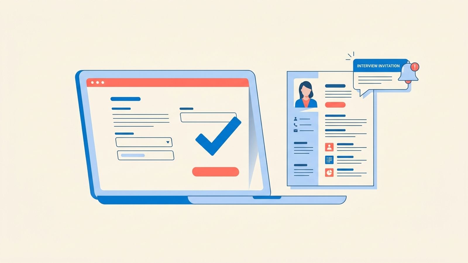 How to apply for a job: laptop with application form, resume, and interview notification