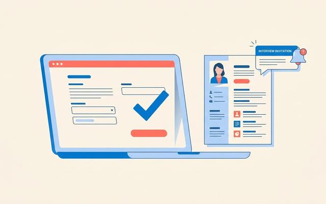 How to apply for a job: laptop with application form, resume, and interview notification