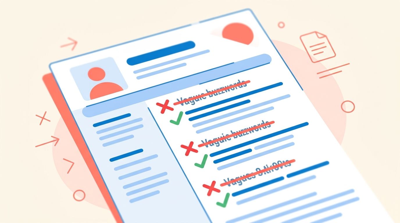 Resume buzzwords: vague claims crossed out and replaced with specific achievements