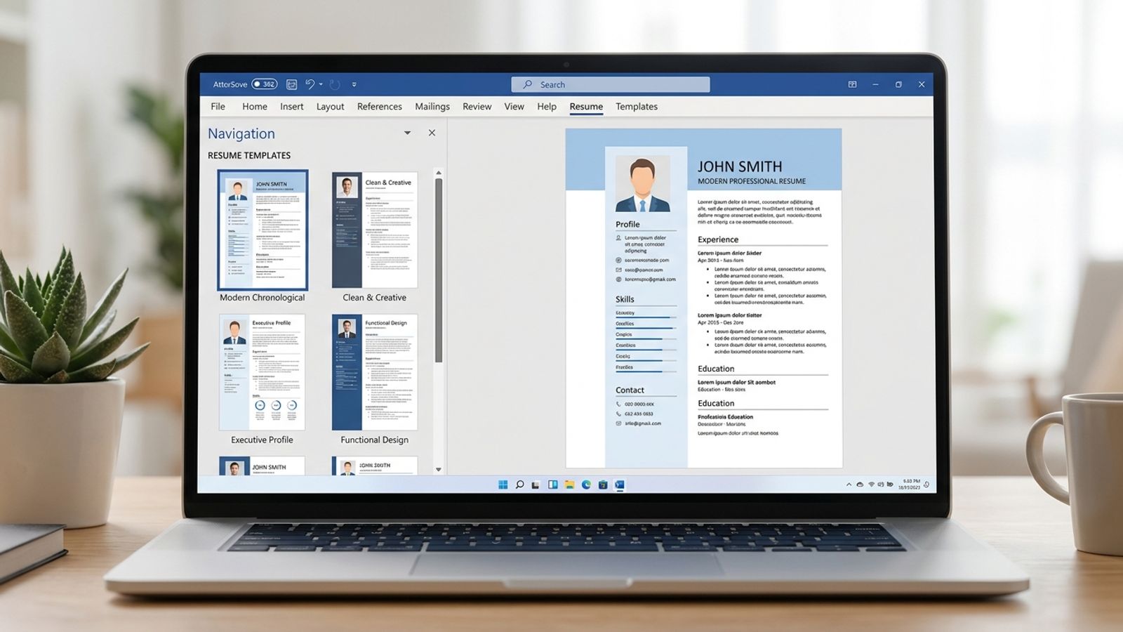 Microsoft Word interface showing resume template gallery with multiple template options