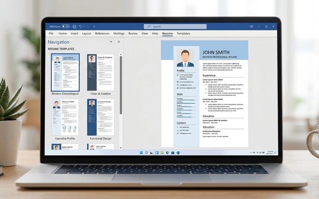 Microsoft Word interface showing resume template gallery with multiple template options