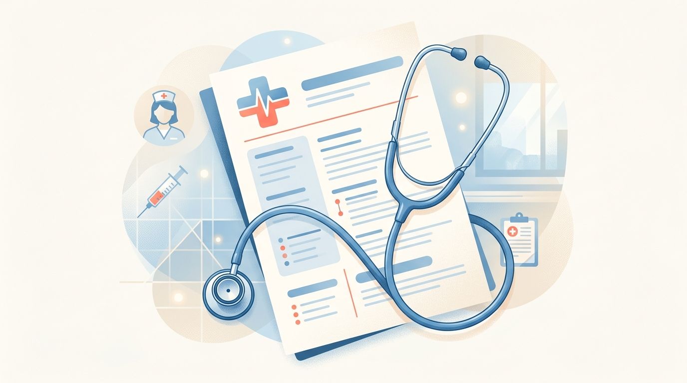 Nurse resume example: resume document with stethoscope and medical icons