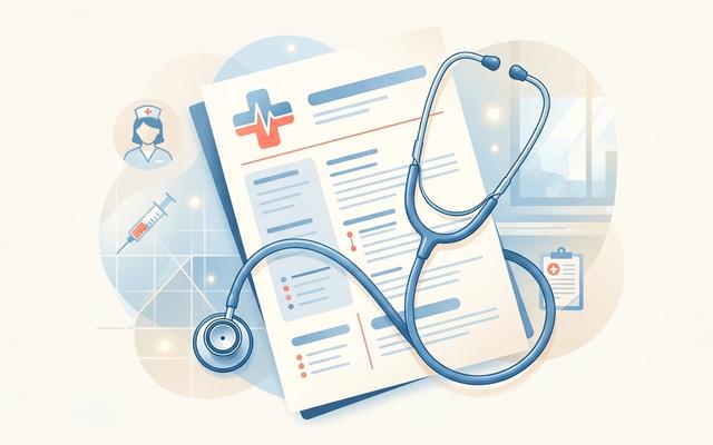 Nurse resume example: resume document with stethoscope and medical icons