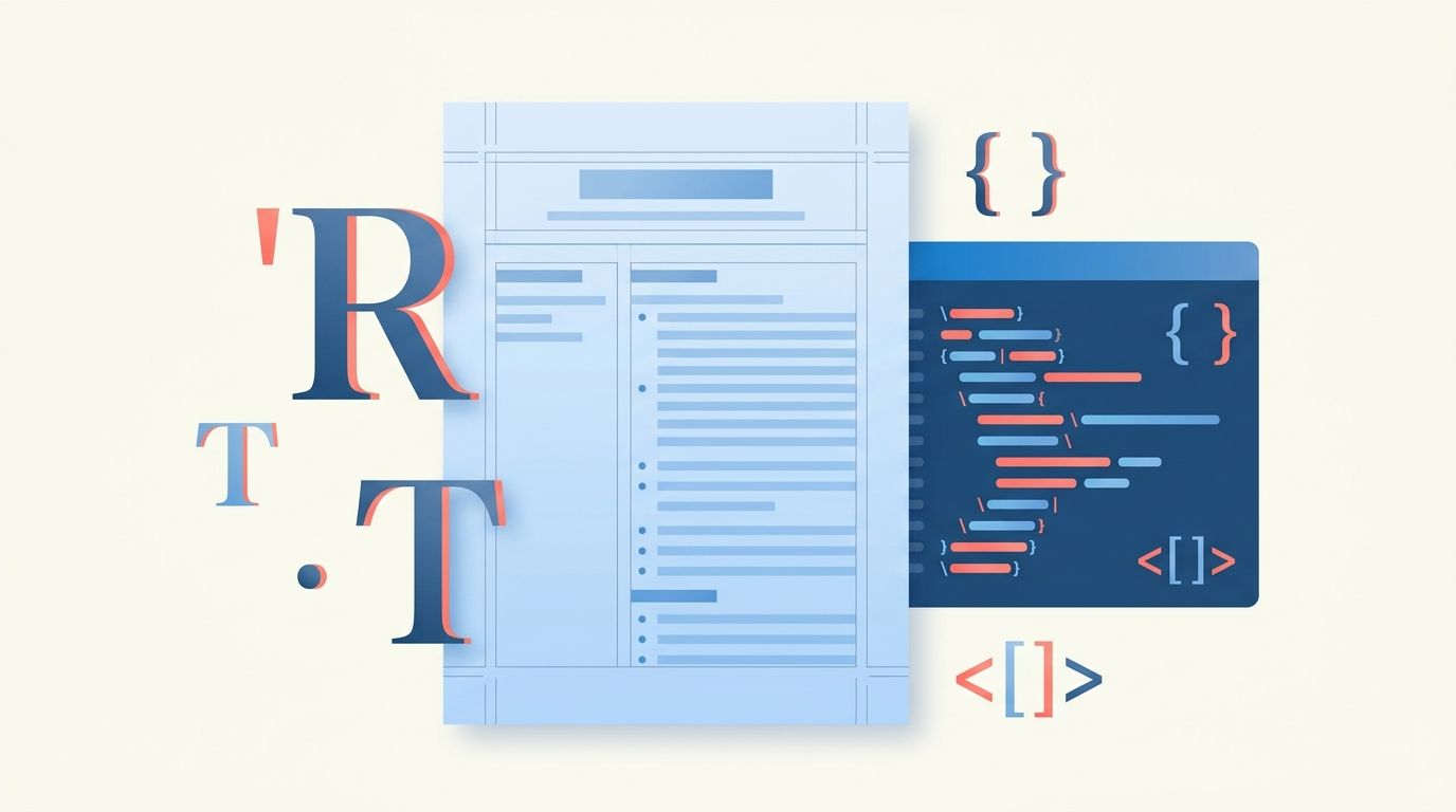 Abstract illustration of a document page with typographic margin lines and code bracket motif, representing a LaTeX resume