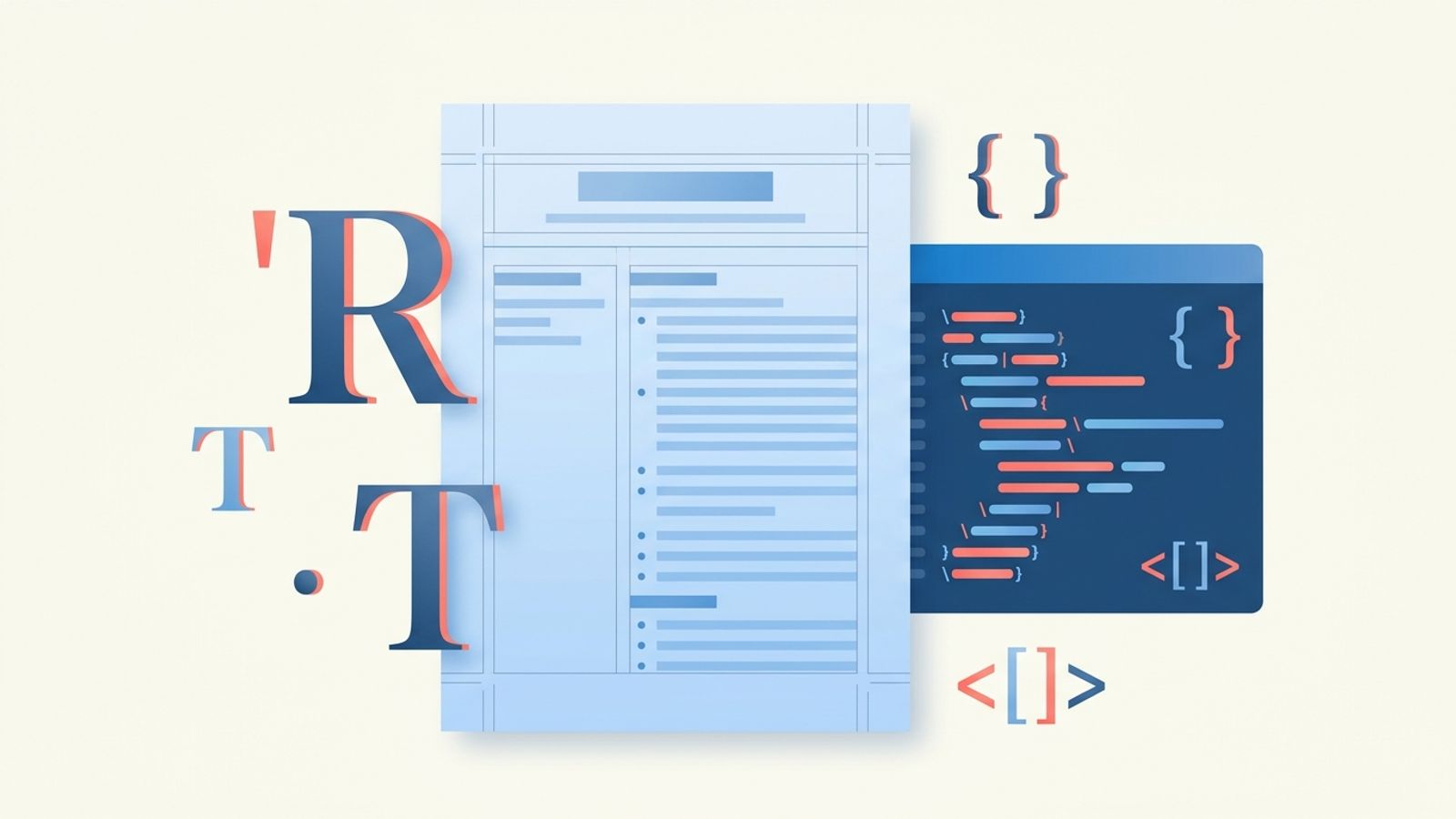Abstract illustration of a document page with typographic margin lines and code bracket motif, representing a LaTeX resume