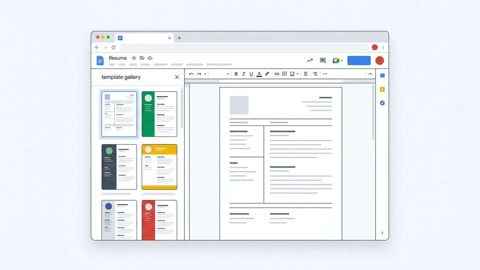 Google Docs resume template gallery open in browser with resume being edited