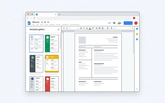 Google Docs resume template gallery open in browser with resume being edited