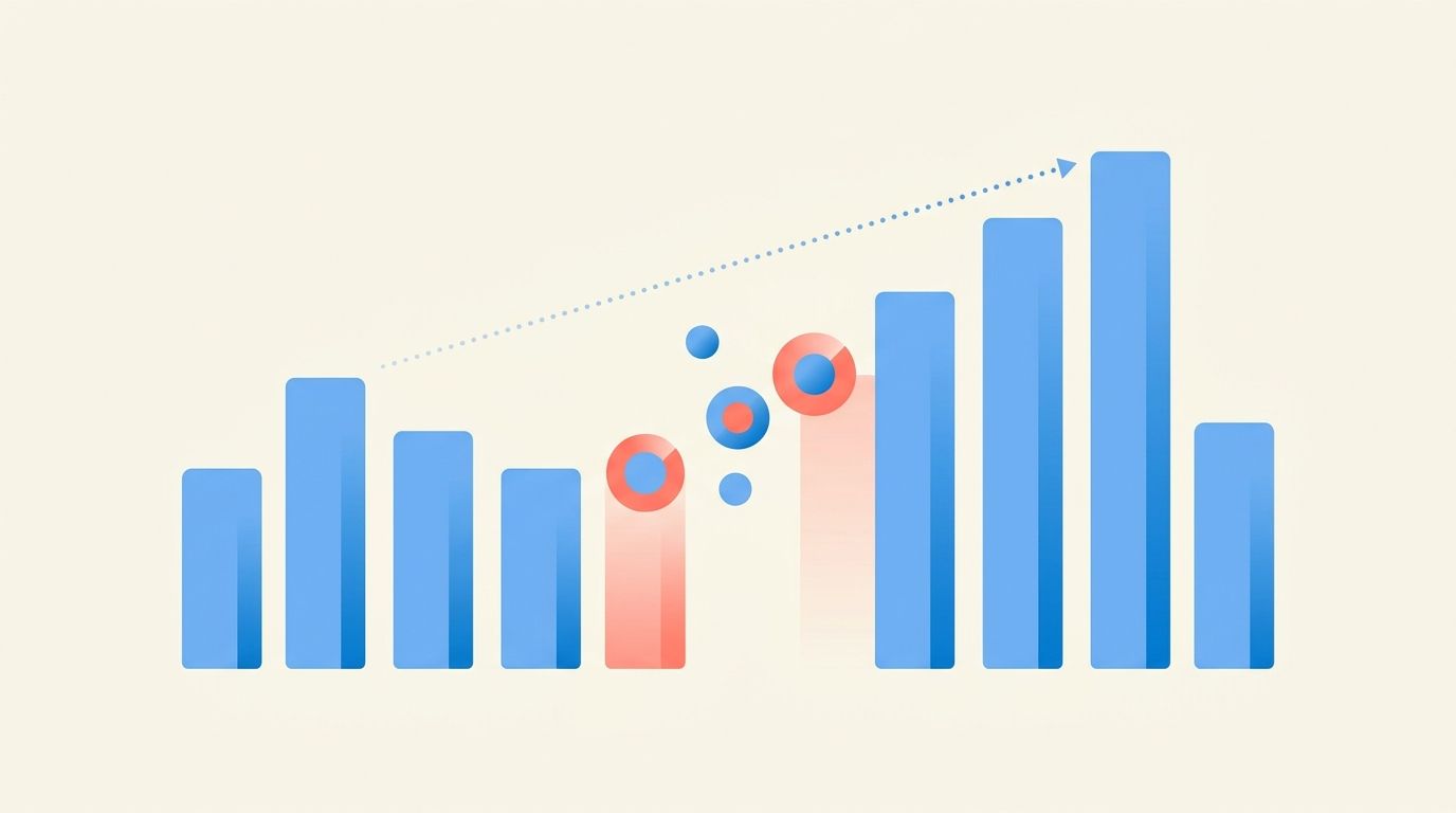 Abstract illustration of two bar charts with a gap between them and connecting skill dots, representing a skill gap analysis
