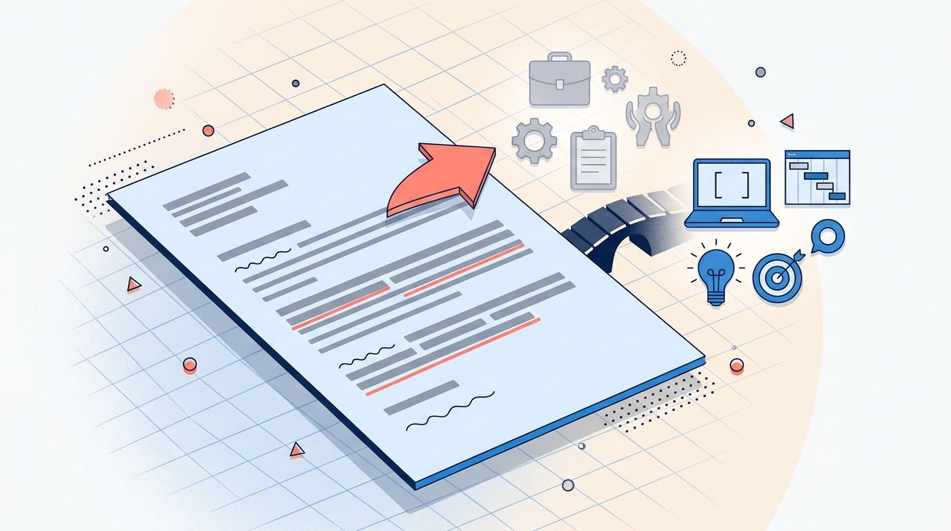 Detailed editorial illustration of a cover letter document with a directional arrow overlay and a bridge between old-field and new-field icons in soft blue and coral on a light background