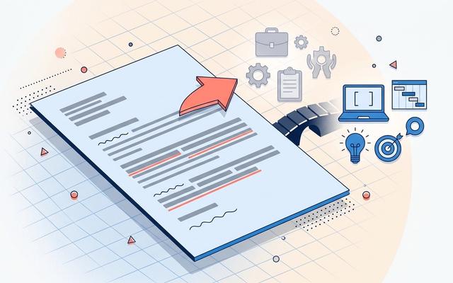 Detailed editorial illustration of a cover letter document with a directional arrow overlay and a bridge between old-field and new-field icons in soft blue and coral on a light background